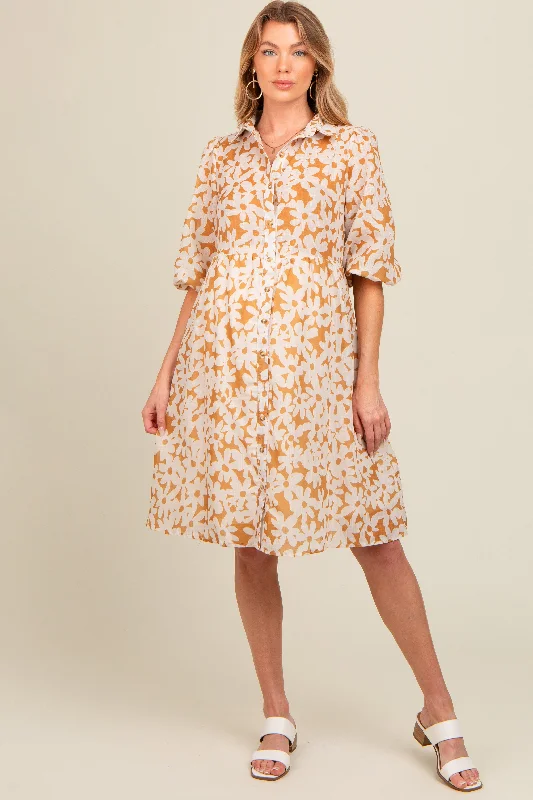 Camel Floral Button Down Maternity Dress