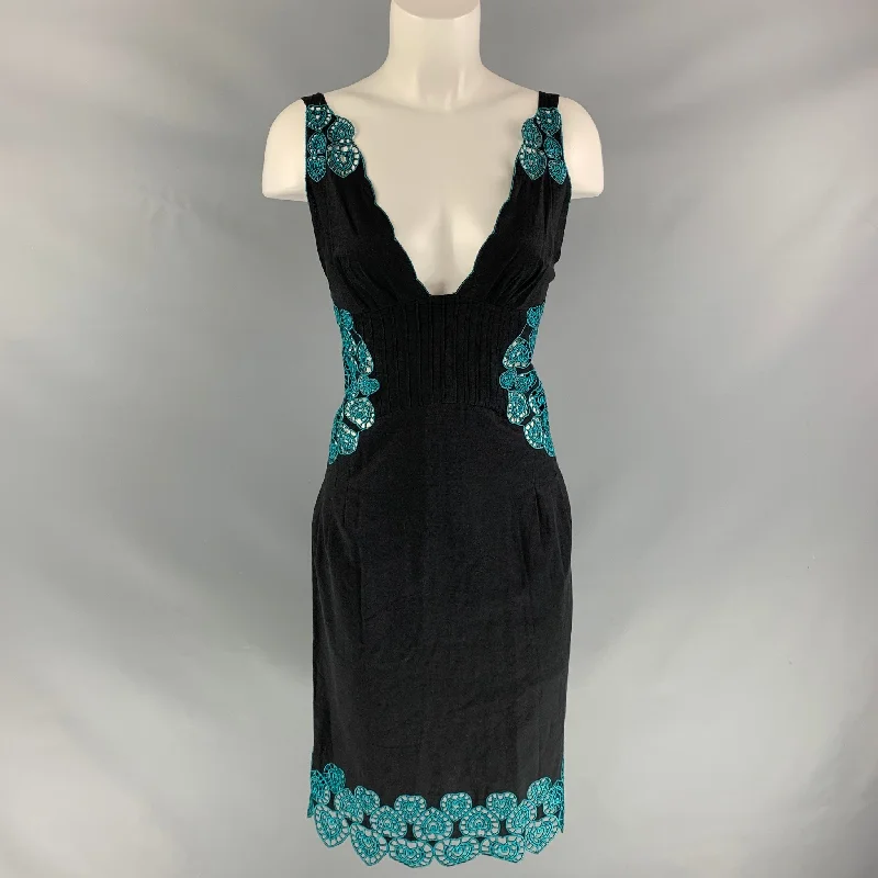 CATHERINE MALANDRINO Size 2 Black Turquoise Cotton Embroidered Dress