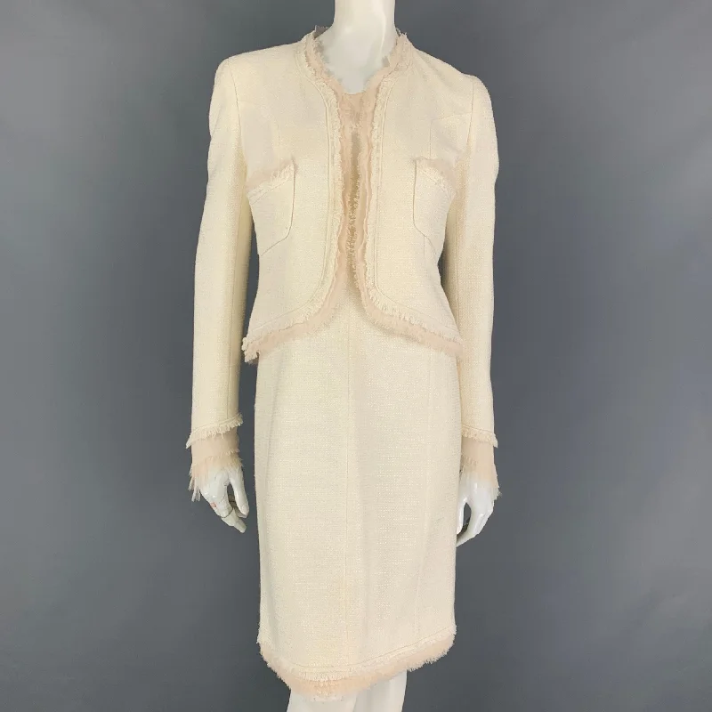 CHANEL 2004 Size 8 Cream Raw Edge Cotton Acetate Sleeveless Dress Set