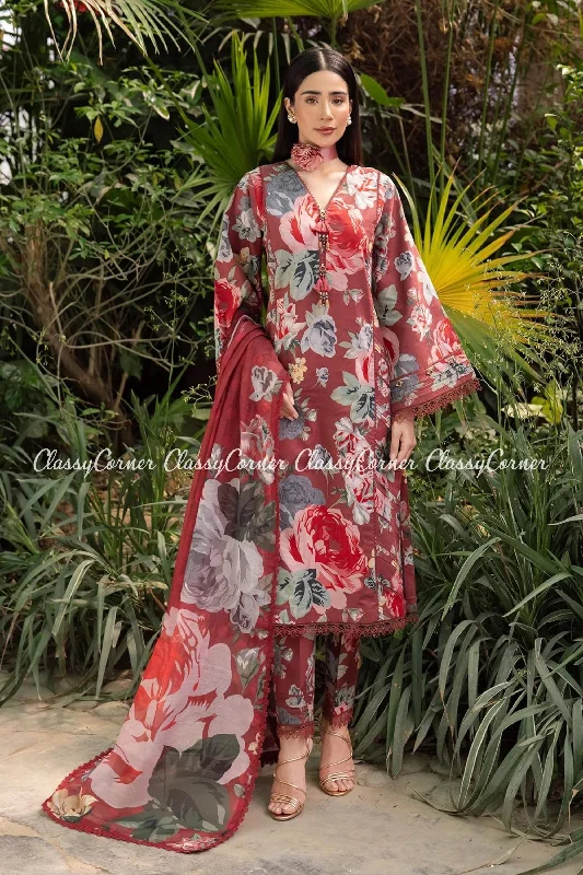 Dark Maroon Floral Lawn 3PC Suit