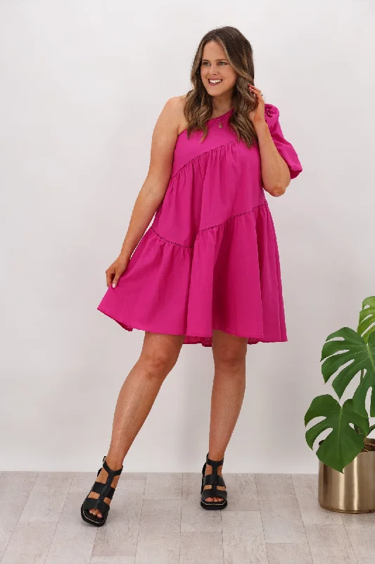 Ebby & I Sally One Shoulder Dress Magenta