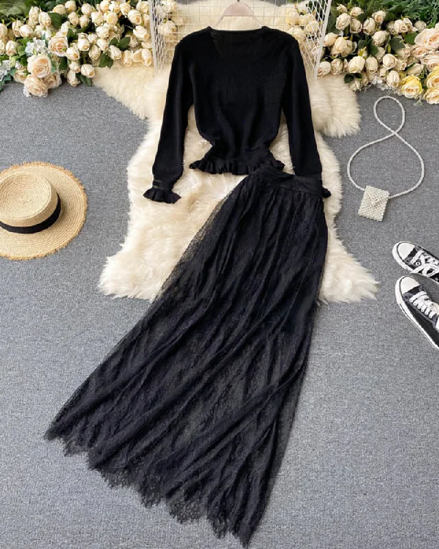 Elegant black long-sleeved sweater + lace skirt  205