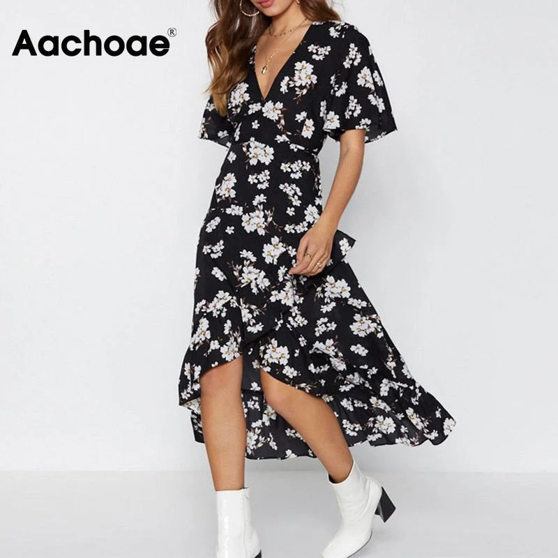 Elegant Floral Print Long Women Boho Style Beach Dress Ruffles V neck Sundress