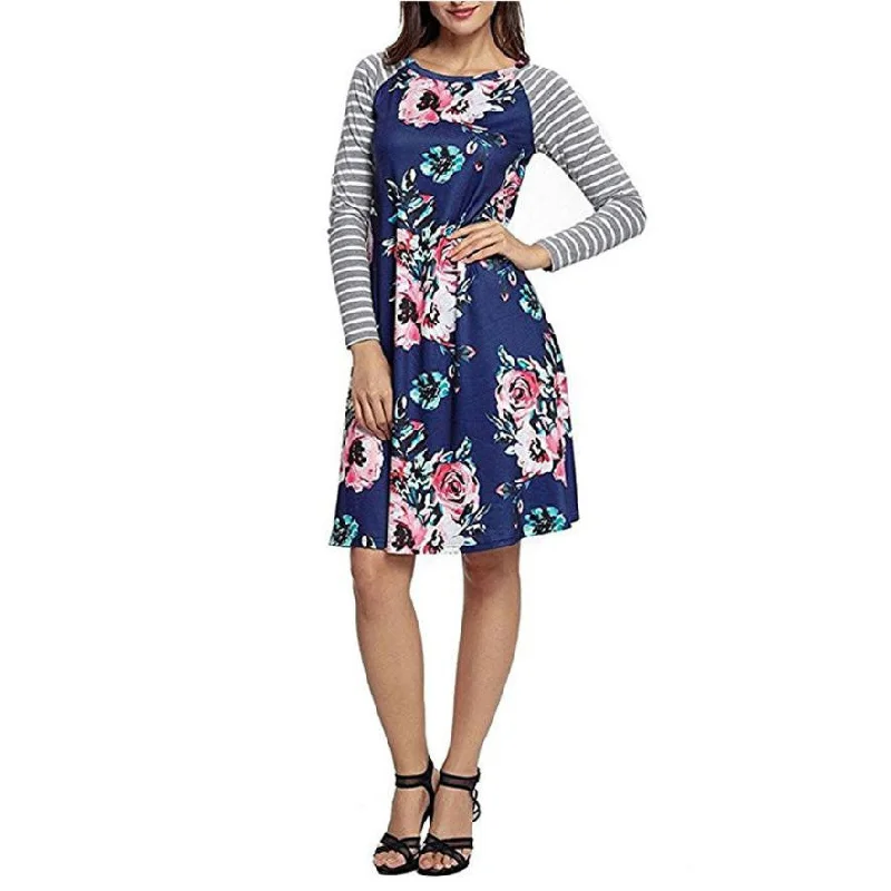 Fashion Women Floral Printed O-Neck Stripe Casual Knee-Length