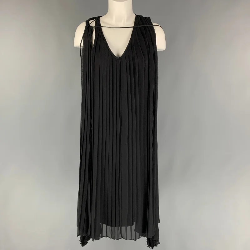 HUSSEIN CHALAYAN Size M Black Silk Pleated A-Line Dress