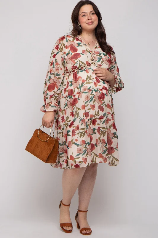 Ivory Floral Ruffle V-Neck Maternity Plus Dress