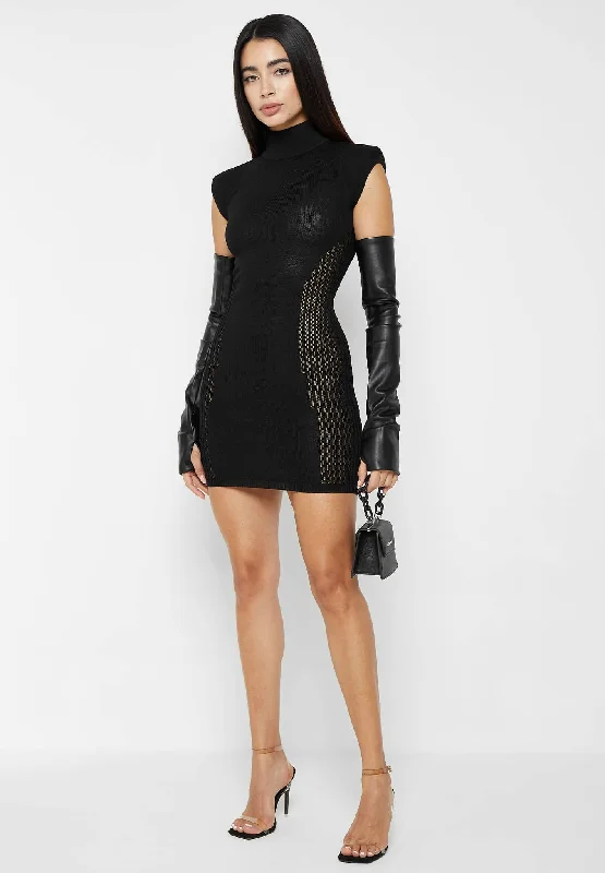 Knitted Contour Dress with Leather Sleeves - Black