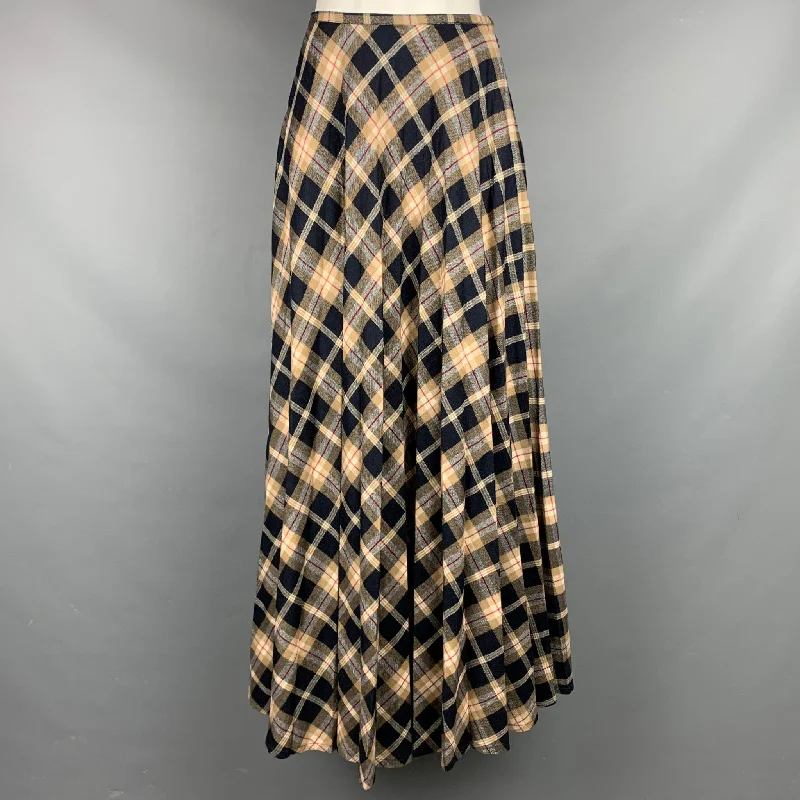 LES COPAINS Size 8 Blue & Beige Plaid Pleated Long Skirt