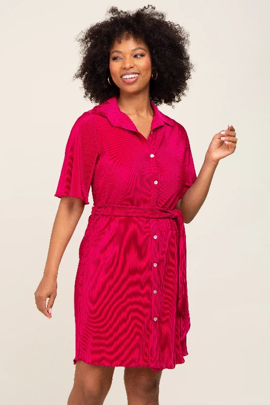 Magenta Pleated Button Front Tied Waist Dress