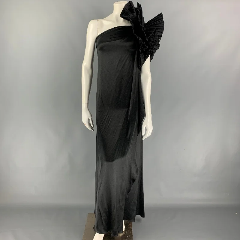 MARC JACOBS Size 0 Black Silk Ruffle Sleeve Asymmetrical Gown