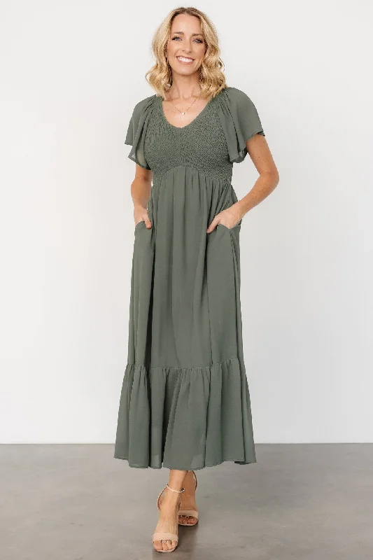 Monica Smocked Dress | Dark Sage