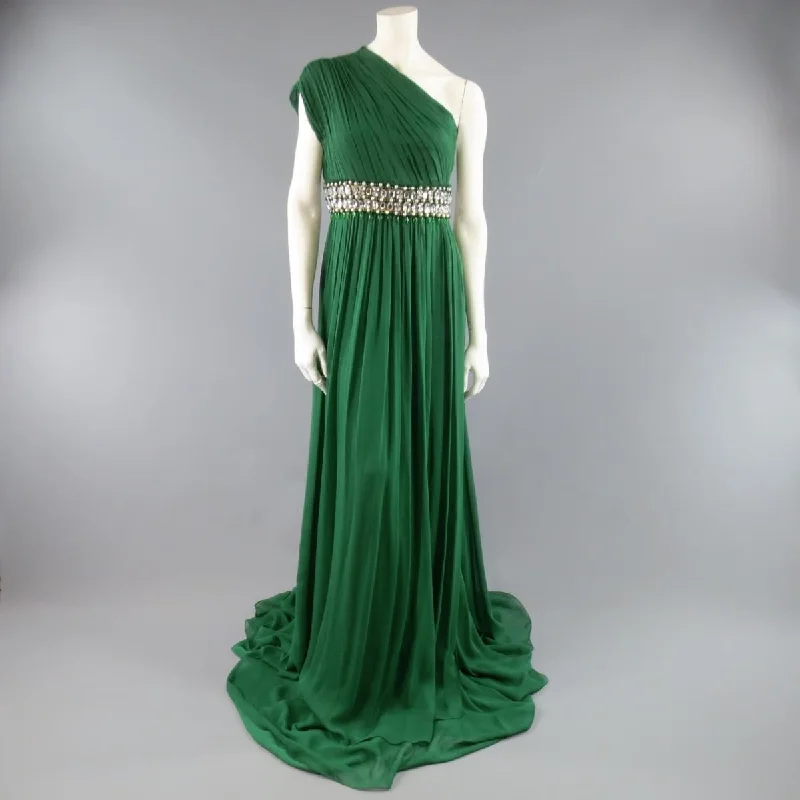 NAEEM KHAN Size 8 Emerald Green Silk One Shoulder Crystal Waist Evening Gown