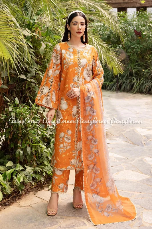 Orange Printed Lawn Semi Formal Suit