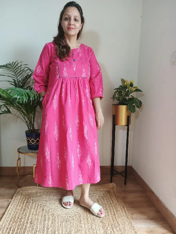 Pink Ikat Cotton 'Mahi' Yoke Dress