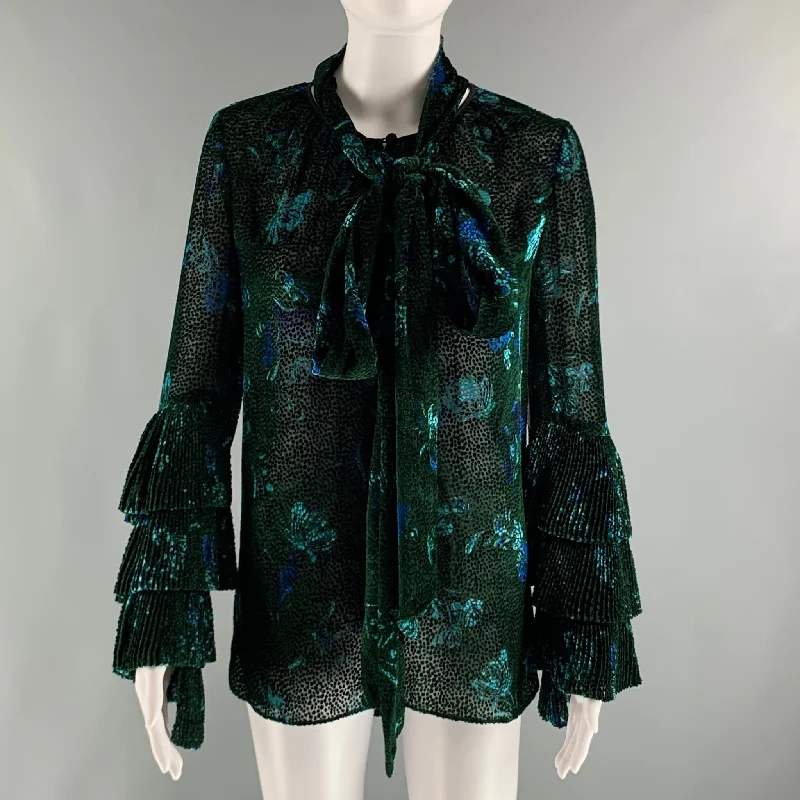 PRABAL GURUNG Size 0 Green Black Viscose  Silk Abstract floral V-Neck Dress Top