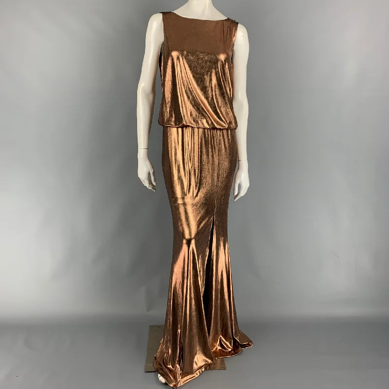 RACHEL ZOE Size 2 Copper Metallic Polyester Low Back Gown