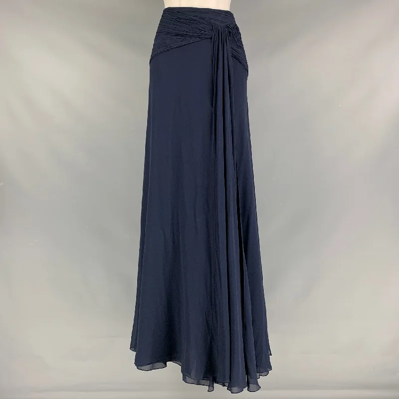 RALPH LAUREN Size 6 Navy Silk Solid Slits Long Skirt