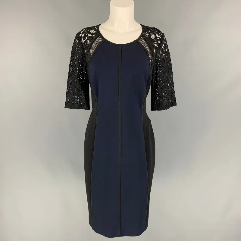 REBECCA TAYLOR Size 10 Black & Navy Rayon Blend Below Knee Sheath Dress