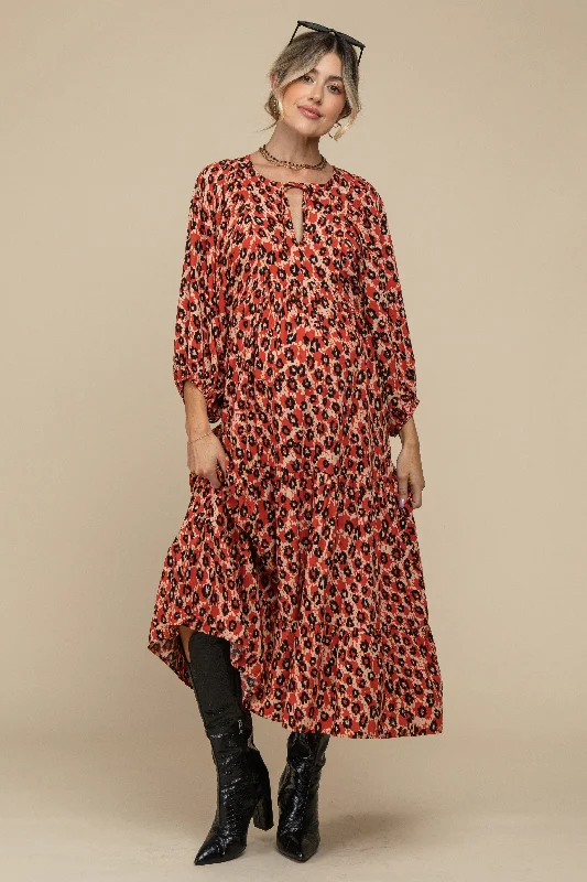 Rust Printed Long Sleeve Tiered Maternity Dress