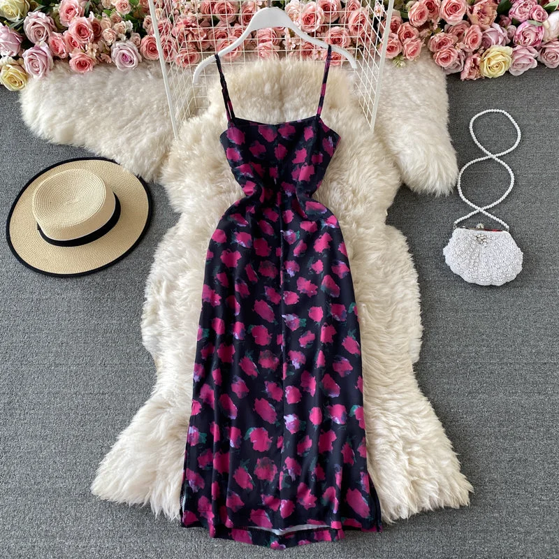 Slim temperament open back suspender Floral Dress  3422