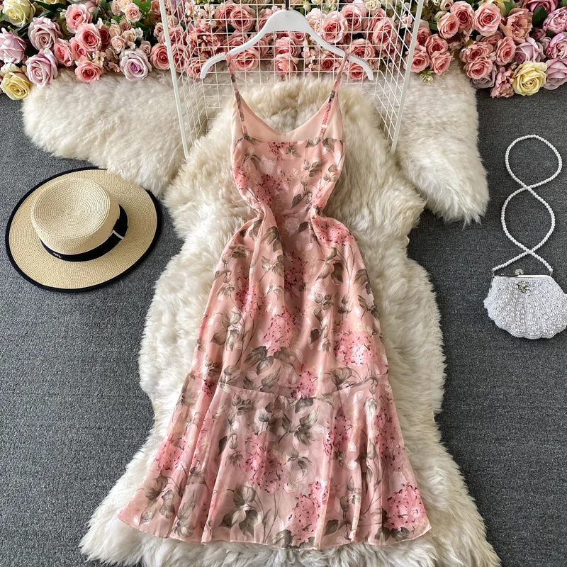 Split Pink Floral Chiffon Dress with irregular ruffles  3426