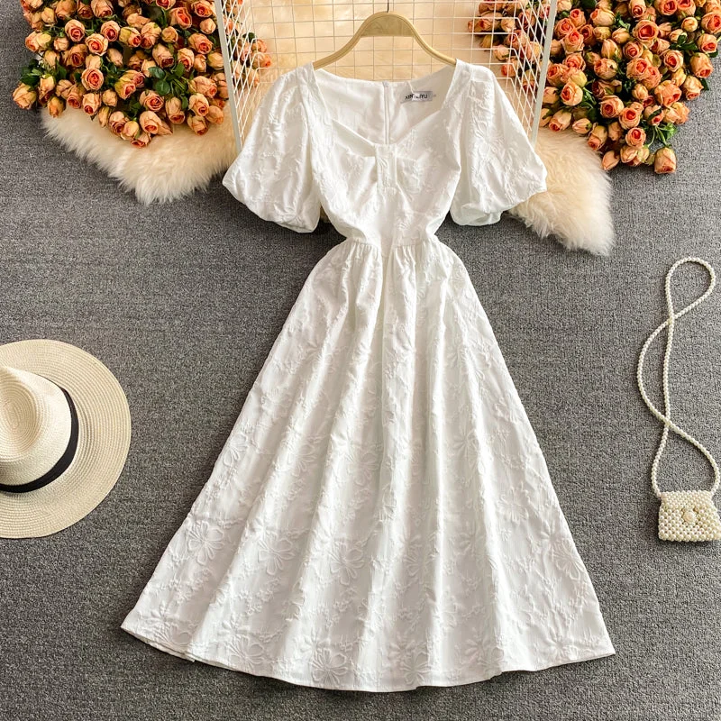 Sweet white puff sleeve dress white A line dress  583