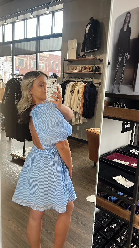 THML puff sleeve blue striped dress