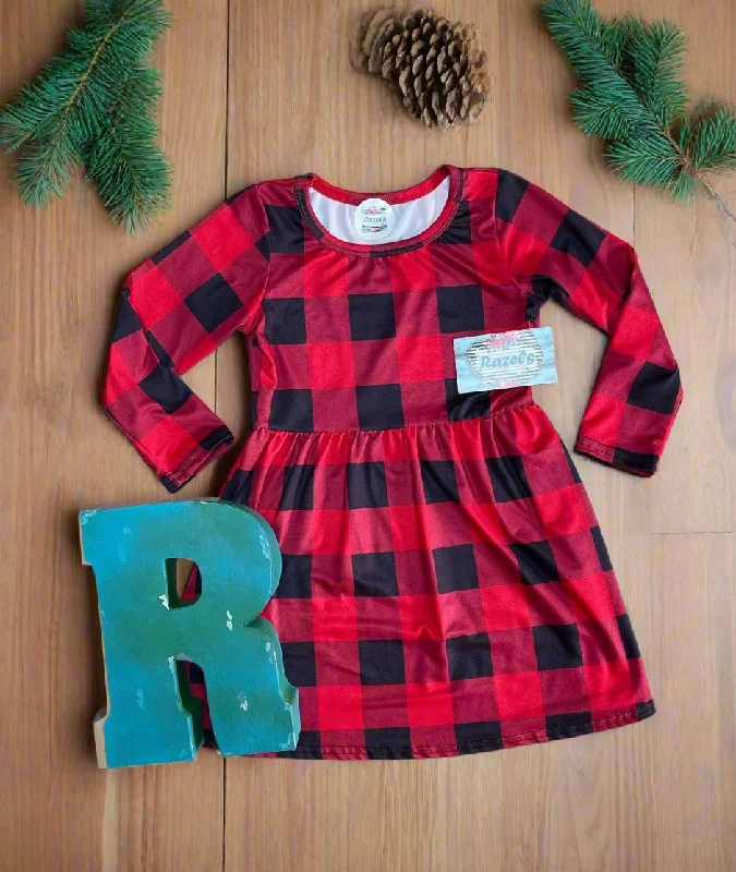 Girls' Red and Black Buffalo Plaid Dress – Holiday Staple | Versatile Western Style Dress