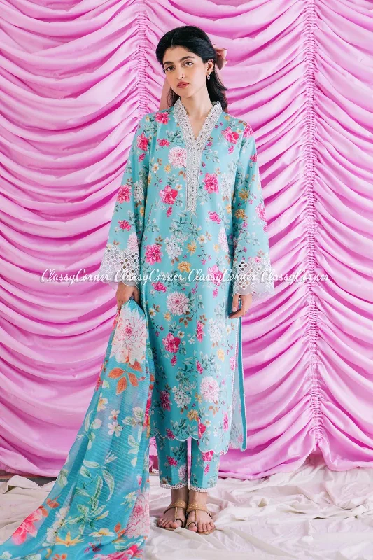 Turquoise Printed Lawn Salwar Kameez