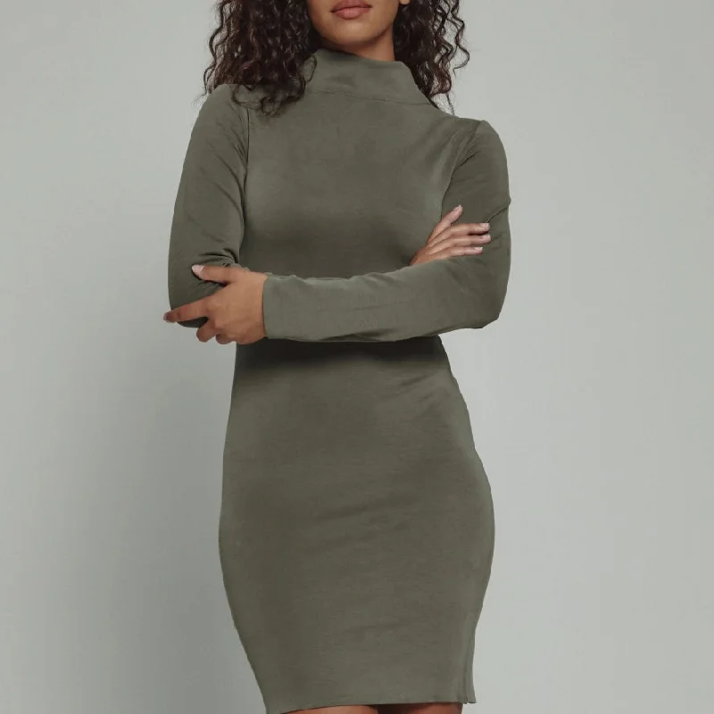 7D olive green rev turtleneck dress