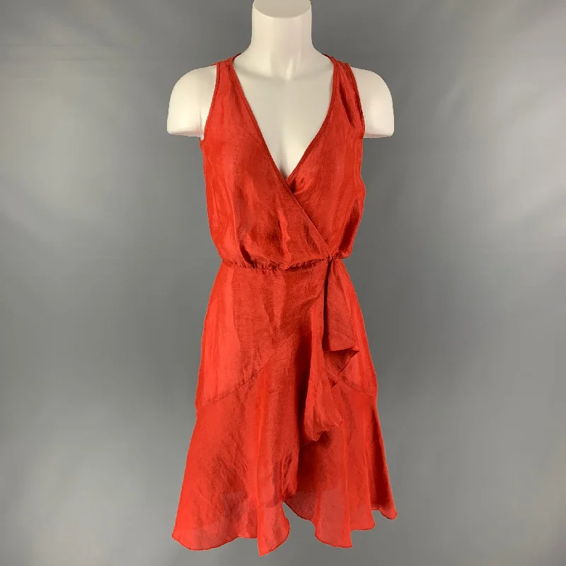 VALENTINO Size 4 Orange Linen &  Silk Solid Wrap Dress