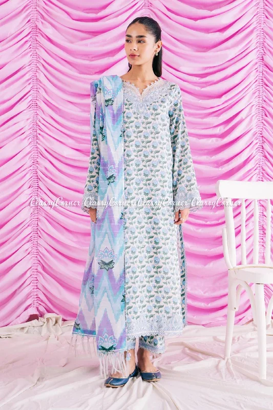 White Blue Printed Lawn 3pc Suit