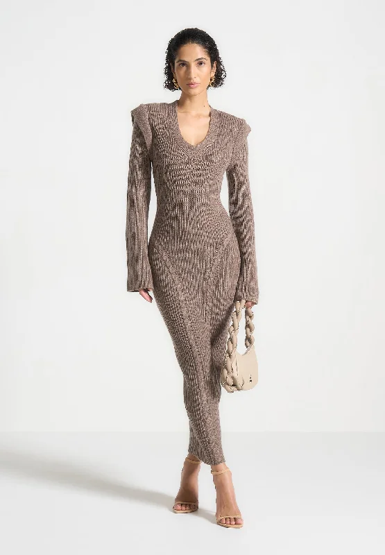 Wide Shoulder Knitted Midaxi Dress - Taupe