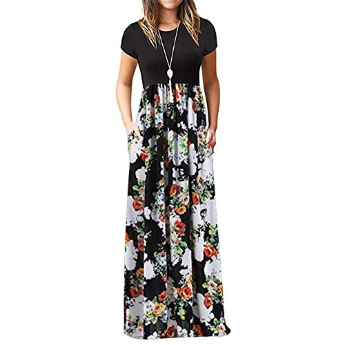 Women Dresses Promotion Sale Ladies Fashion O-Neck Casual Loose Floral Print Short Sleeve Dress Long Skirt Party Eleagant Dress UK Size S-3XL