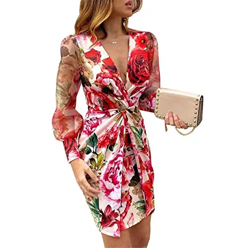 Women Sexy Dress Deep V-Neck Long Sleeve Shirt Dress Elegant Bodycon Mini Dress Leopard/Floral Party Skirt High Waist Slim Fit Bodycon Short Knotted