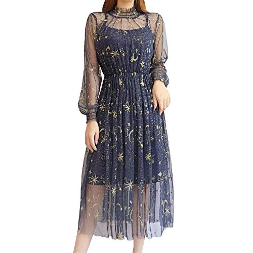 Women Summer Chiffon Dress Stars Moon Print Embroidered Skirt Long Puff Sleeve Princess Dress