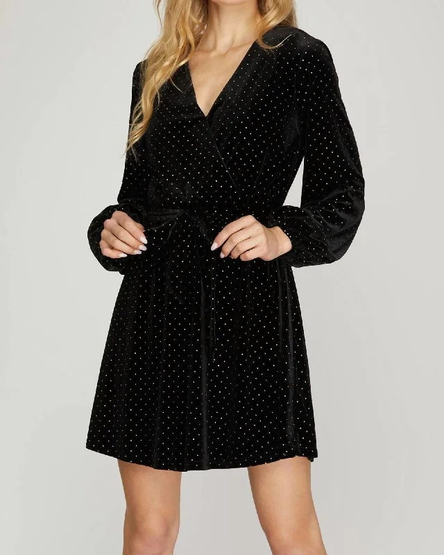 Long Sleeve Surplice W/ Gold Dots In Black | Black