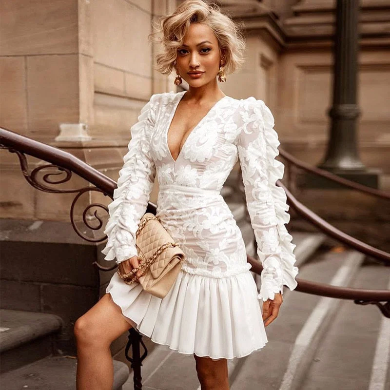 Mesh Embroidered V-neck Long Sleeve White Lace Ruffled Dress