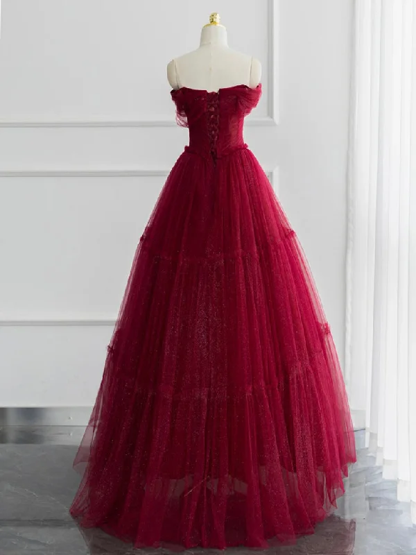 A-line Sweetheart Neck Tulle Burgundy Long Prom Dress, Off Shoulder Burgundy Formal Dress