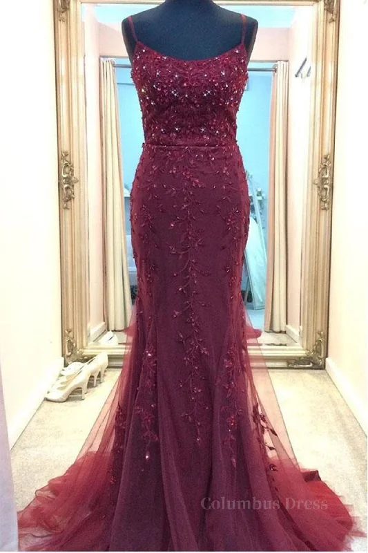 Backless Mermaid Beaded Maroon Lace Long Corset Prom Dresses, Backless Burgundy Lace Corset Formal Dresses, Burgundy Tulle Evening Dresses outfit