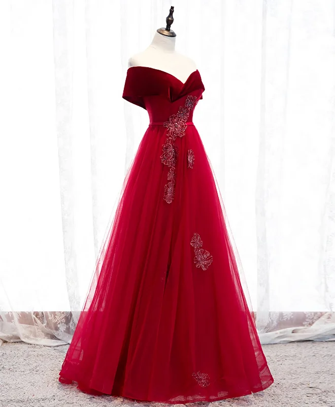 Burgundy Tulle Off Shoulder Long Prom Dress, Burgundy Formal Dress