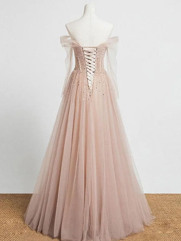 Champagne Pink Tulle Beads Long Prom Dress, Champagne Evening Dress