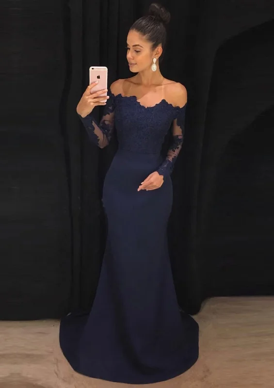 Elastic Satin Corset Prom Dress Sheath/Column Off-The-Shoulder Court Train With Lace Outfits