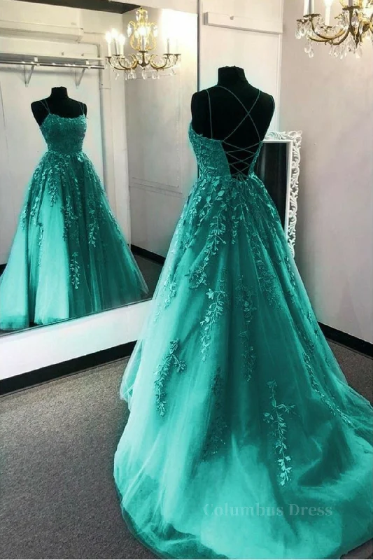 Fashion Green Lace Appliques Open Back Tulle Long Corset Prom Dresses, Green Lace Corset Formal Dresses, Green Evening Dresses outfit