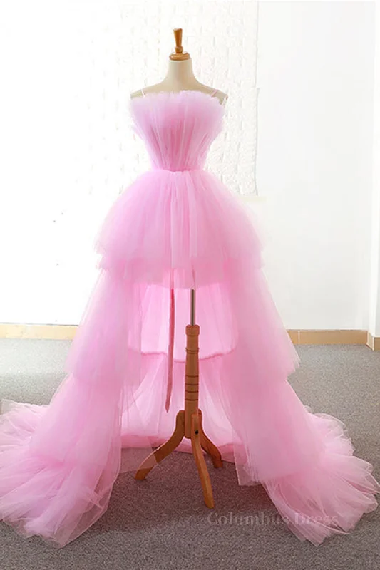 Gorgeous High Low Pink Tulle Long Corset Prom Dresses, Pink Tulle Corset Formal Graduation Evening Dresses outfit