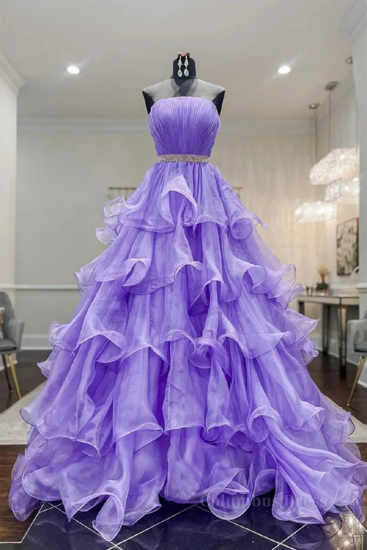 Gorgeous Strapless Layered Purple Tulle Long Corset Prom Dresses with Belt, Purple Corset Formal Evening Dresses, Purple Corset Ball Gown outfits