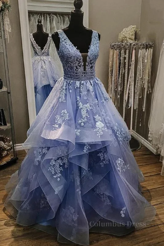 Gorgeous V Neck and V Back Blue Tulle Lace Long Corset Prom Dresses, Puffy Blue Lace Corset Formal Evening Dresses outfit