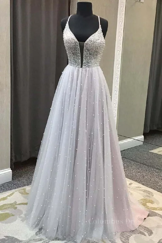 Gorgeous V Neck Backless Beaded Gray Tulle Long Corset Prom Dresses, Backless Grey Corset Formal Graduation Evening Dresses outfit