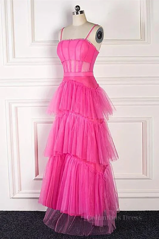 Hot Pink Long Tulle Corset Prom Dresses, Hot Pink Long Tulle Corset Formal Evening Dresses outfit