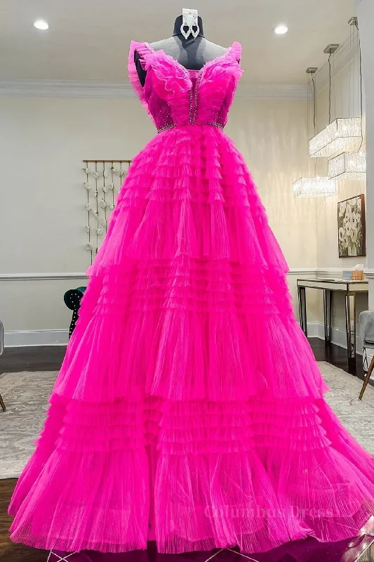 Hot Pink Tulle Long Corset Prom Dresses, Hot Pink Long Corset Formal Graduation Dresses outfit